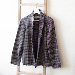 JESSICA HOWARD BLAZER SZ L BLACK PINK & WHITE JACKET TWEED FRINGE ACADEMIA